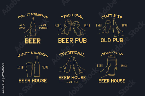 Set of beer house and pub golden labels for  menu or branding. Vector illustration with gold vintage emblems and badges for brewery.