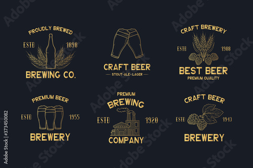 Set of golden brewery labels and signs. Emblems and badges for pub or bar menu with hop, malt, barley, beer factory, bottle and glasses with foam. Vector illustration with gold vintage brand design.