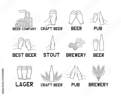 Set of beer labels and signs. Emblems and badges for pub or bar menu. Icons with hop, malt, barley, beer factory, bottles and glasses with foam. Vector illustration with vintage brand design.