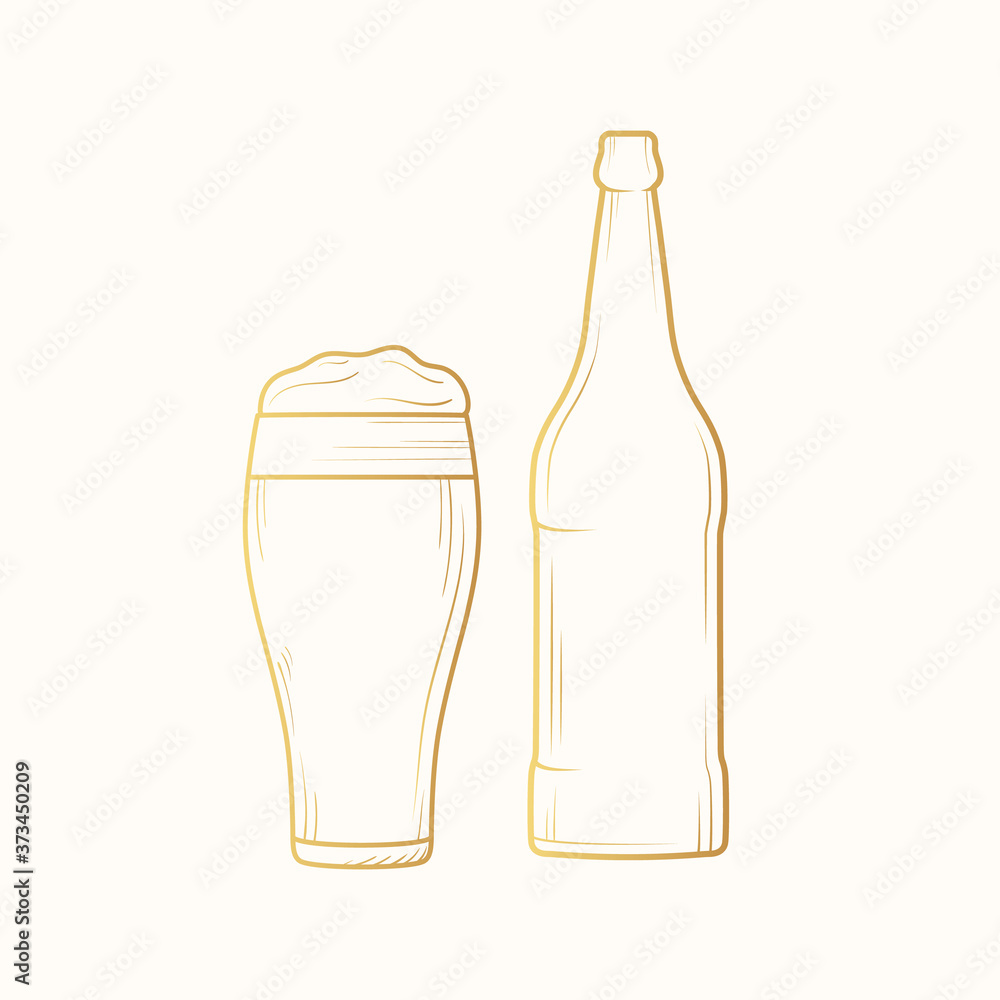 Golden bottle and glass of beer with foam. Vector isolated illustration. Icon for pub background. Gold label for brewery.