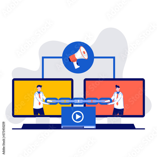 Link building, SEO, backlink strategy, inbound links, concept with characters. Two monitor are connected by a chain. Modern vector illustration in flat style for landing page, hero images