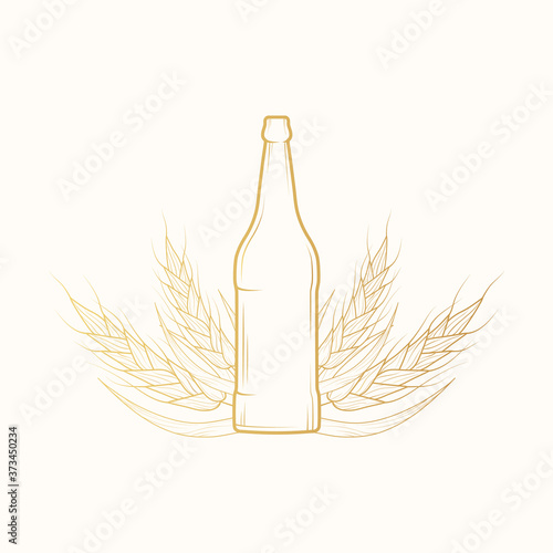 Golden bottle of beer with malt, barley, wheat. Vector isolated illustration. Icon for pub background. Gold label for brewery.