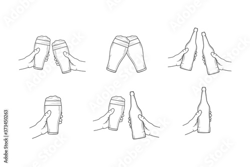 Set of clinking bottles, glasses of beer, hands holding ale pint with cheers. Vector isolated illustration. Icons for pub background. Labels for brewery or bar.