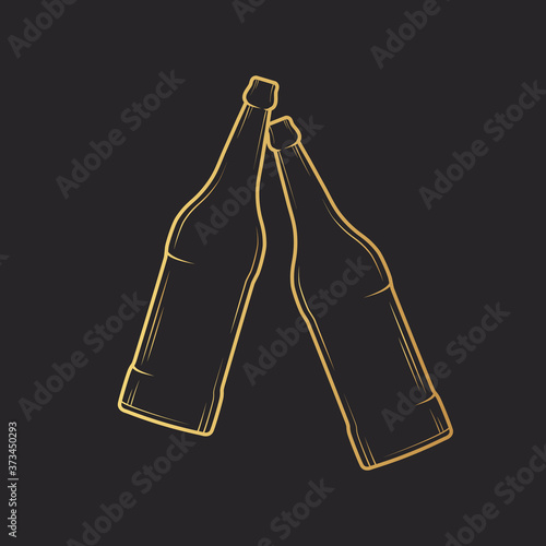 Two clinking golden bottles of beer. Vector isolated illustration. Icon for night bar background. Gold label with cheers for brewery.