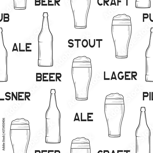Seamless pattern with beer bottles and glasses. Vector isolated texture with ale, stout, lager, pilsner beer for oktoberfest. Background for pub or bar menu. 