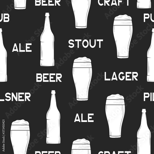 Seamless pattern with beer bottles and glasses. Background for pub or bar menu. Vector isolated texture with ale, stout, lager, pilsner beer for oktoberfest. 