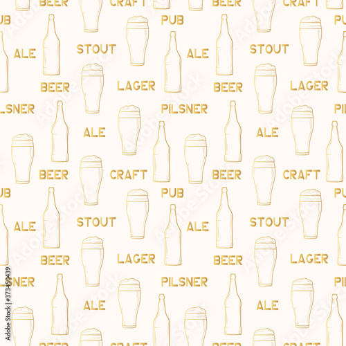 Seamless pattern with golden beer bottles and glasses. Background for pub or bar menu. Vector isolated gold texture with ale, stout, lager, pilsner beer for oktoberfest. 