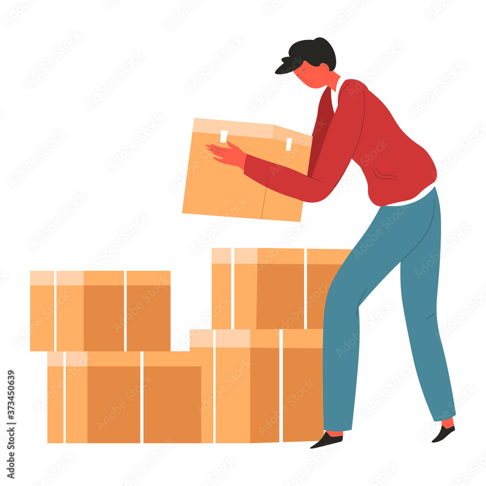 Man with cardboard boxes, humanitarian help or warehouse Man with cardboard boxes, humanitarian help or warehouse