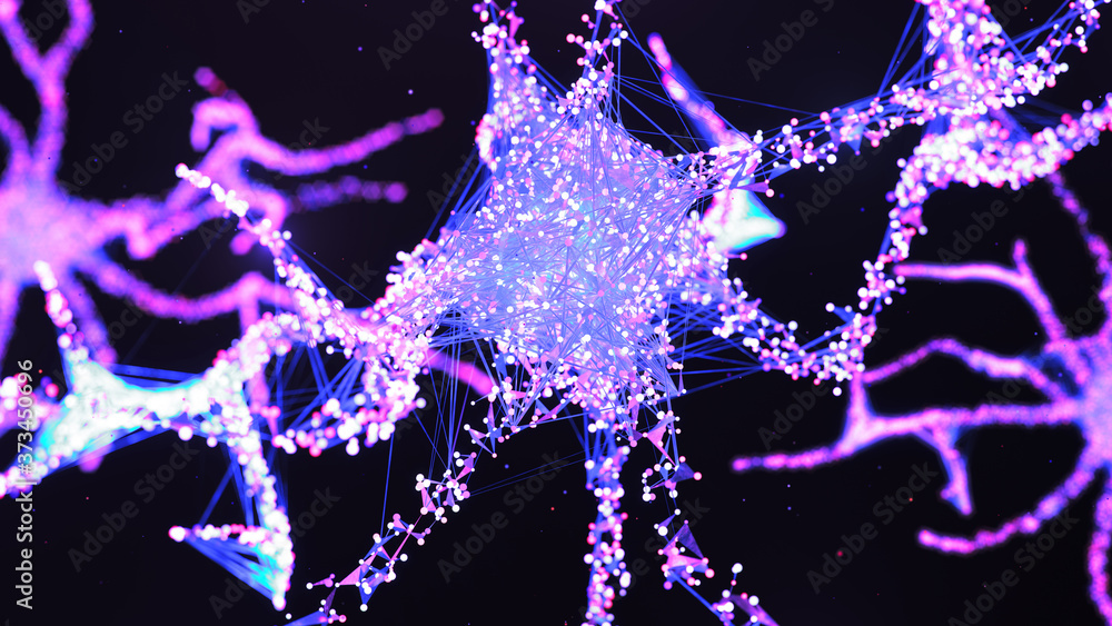 Artificial intelligence concept. AI neuron. Artificial neural network technology science. Neuron of interconnected neurons with electrical impulses. Transmission of information, 3d illustration