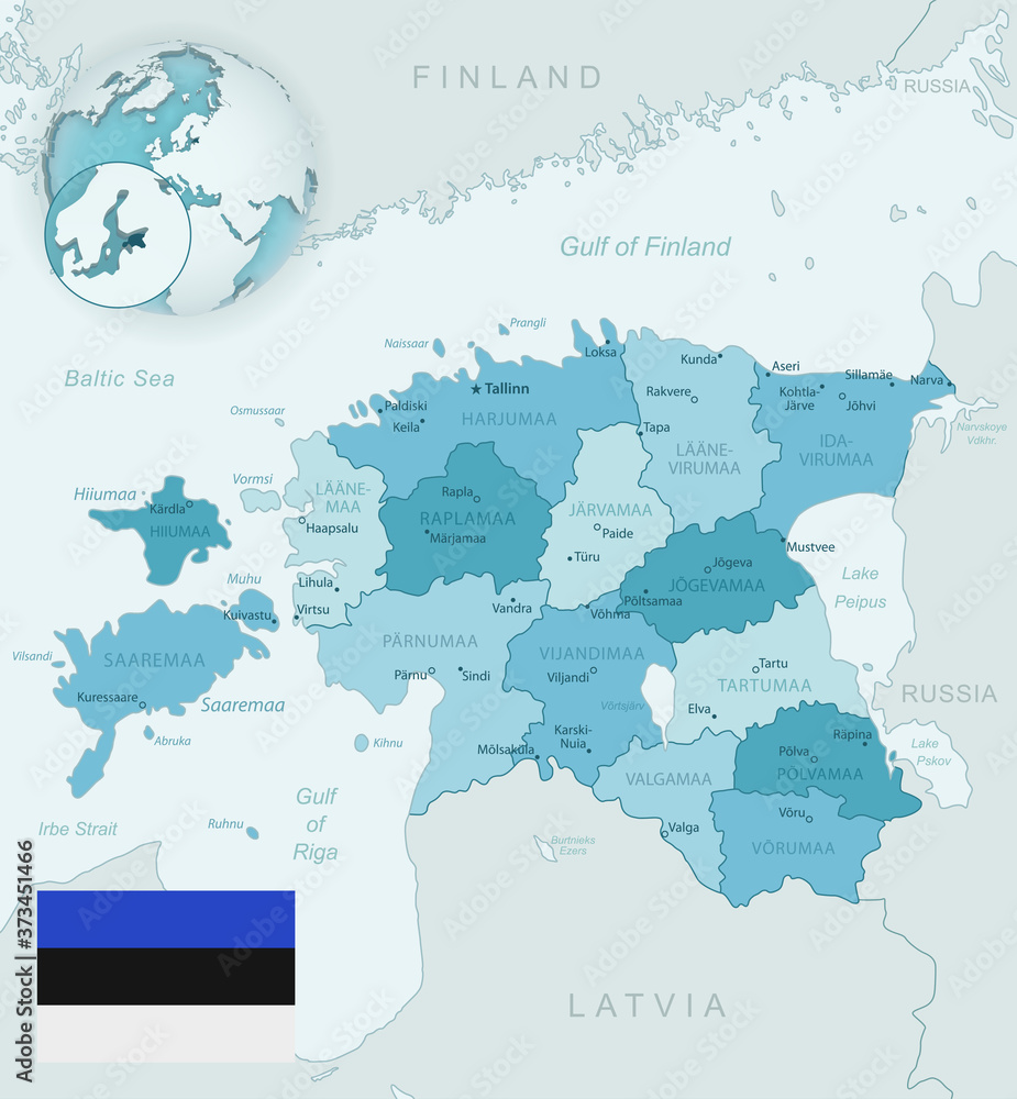 Obraz premium Blue-green detailed map of Estonia administrative divisions with country flag and location on the globe.