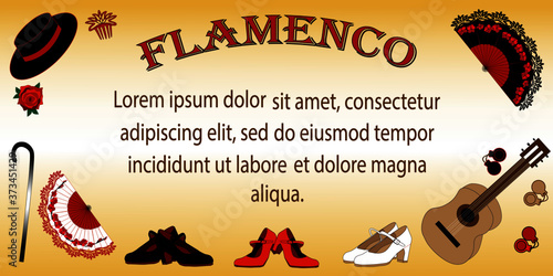 Template for your flamenco design. Good for ticket, poster, banner, playbill with space for your text. Large set of flamenco dancer's attributes.