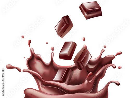 Pieces of chocolate falling down in melted one. Splashes. Realistic