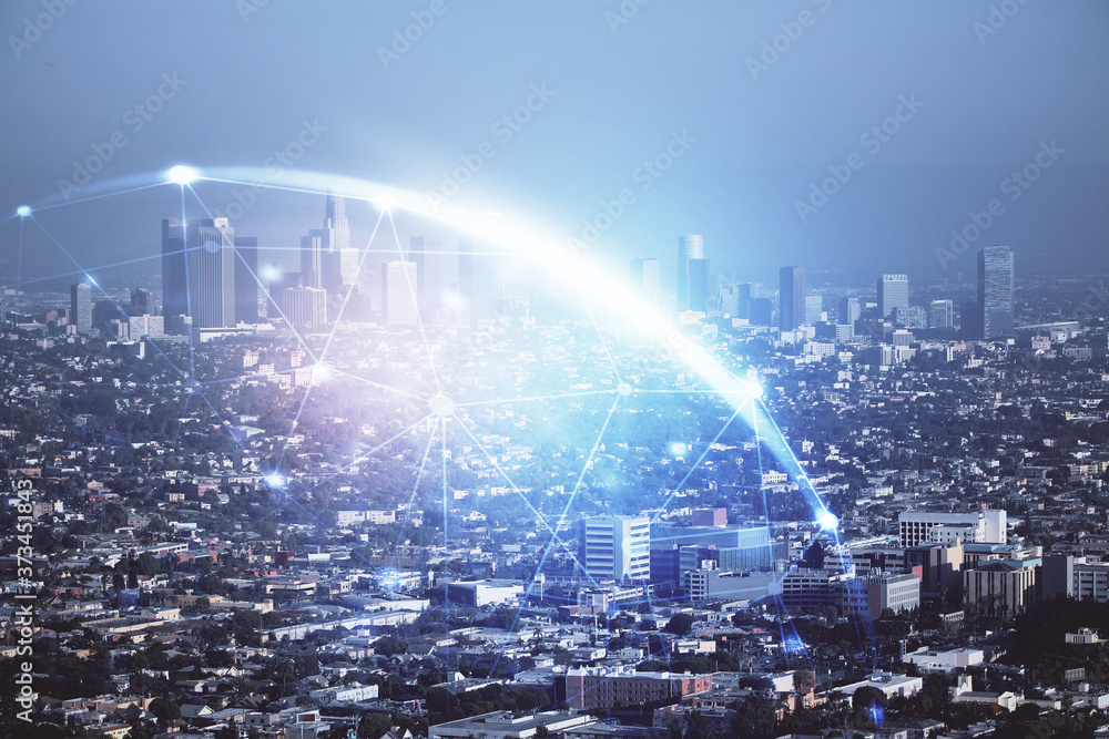 Double exposure of social network theme drawing and cityscape background. Concept of people connecton. Double exposure of social network theme drawing and cityscape background. Concept of people connecton.
