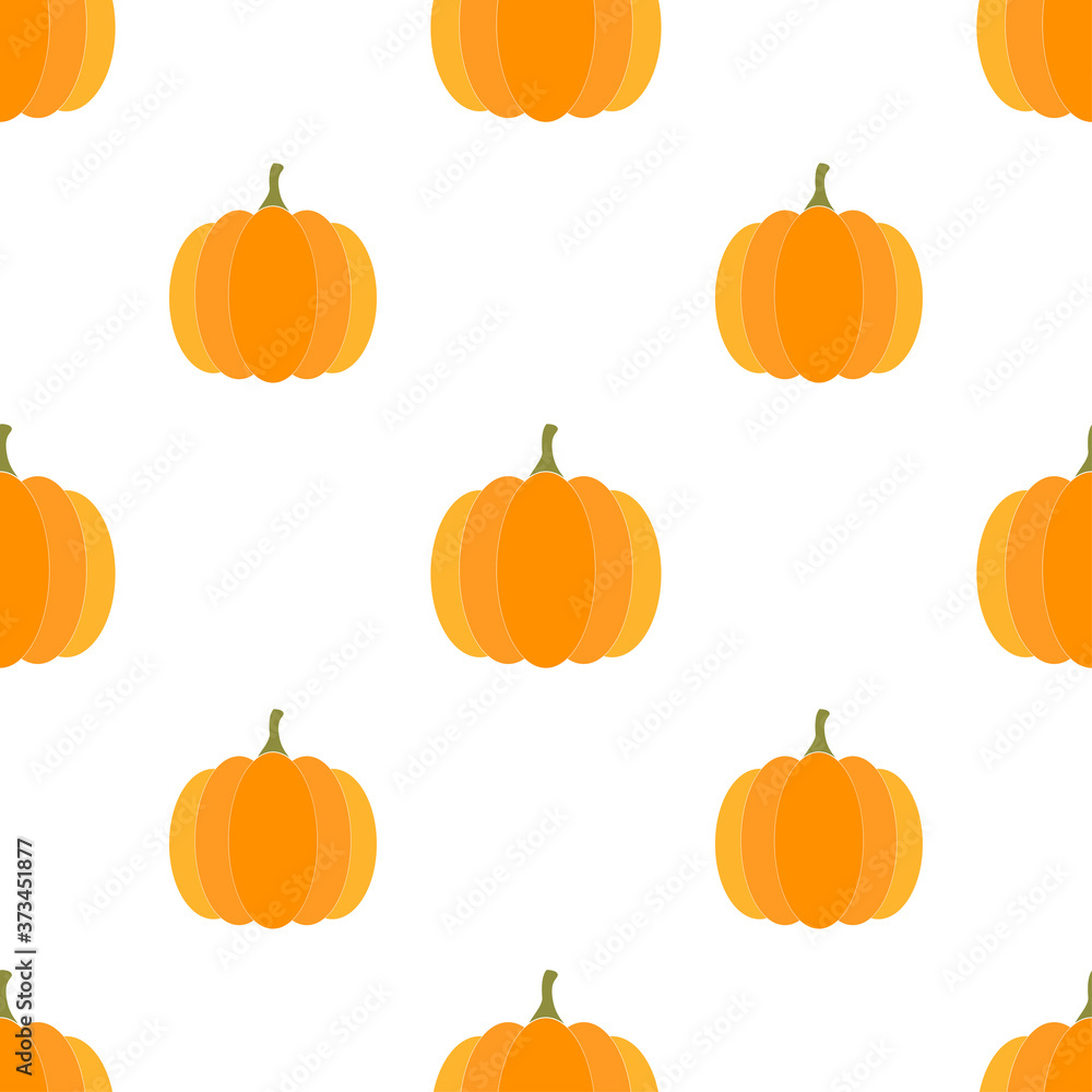 Bright pumpkins on white  background. Seamless autumn vegetable food pattern. Suitable for packaging, textile, wallpaper.