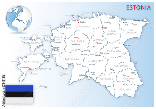 Detailed map of Estonia administrative divisions with country flag and location on the globe. Vector illustration