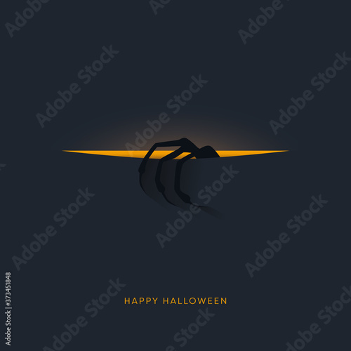 Funny and scary halloween party invitation or card vector template with monster hand coming from background.