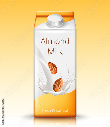 Carton box with almond milk. Fresh and natural. Realistic. 3D Mockup