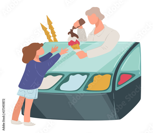 Child buying ice cream from gelato seller vector