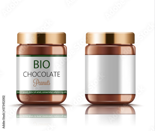 Set of two jars with golden lids filled with bio peanut chocolate. Place for text. Realistic. 3D Mockup
