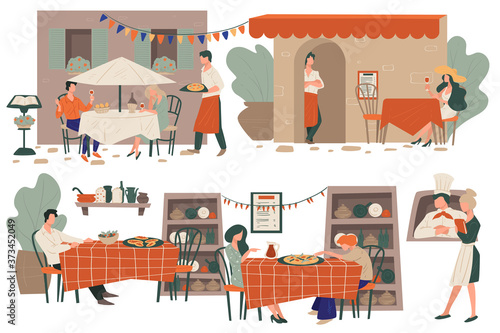 Pizzeria or restaurant terraces with clients eating outdoors