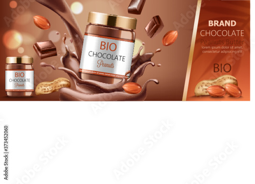 Two jars filled with peanut chocolate surrounded by nuts and splashes. Bio. With place for text. Realistic. 3D Mockup