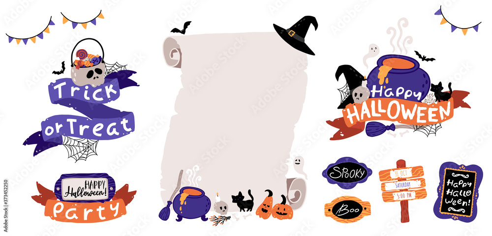 Halloween kids party invitation template set. Lettering composition with ribbons and scary attributes. Old paper roll. Childrens illustrations in cute cartoon hand-drawn style. Isolated vector