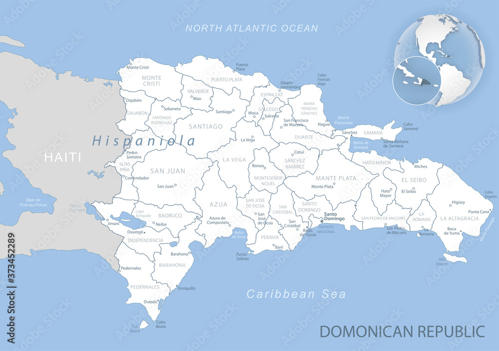 Blue-gray detailed map of Dominican Republic administrative divisions and location on the globe. Vector illustration