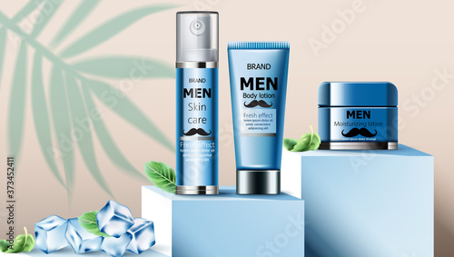 Composition of skin care oil, body lotion and moisturizing lotion for men on podium. Ice cubes and mint leaves. Realistic. 3D Mockup