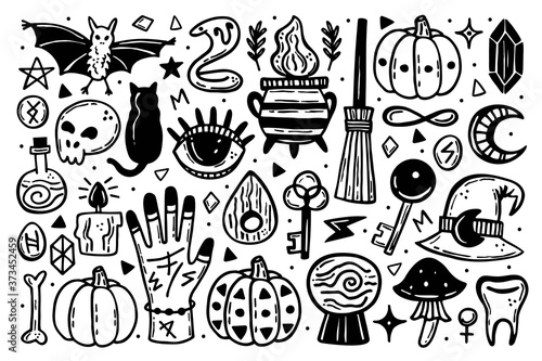 Halloween clip art, set of elements. Holiday ink stamps, silhouettes. Eye, black cat, bat, witch hat, pumpkin, key, poison, cauldron, skull, bone, snake, runes, moon. Magic, supernatural, paranormal.