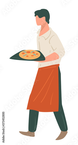 Waiter of pizzeria or restaurant carrying tray with pizza