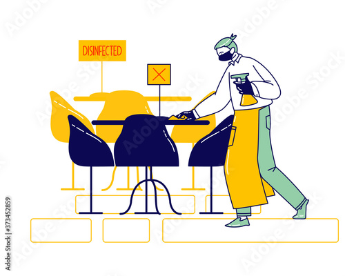 Waiter in Protective Face Mask and Gloves Disinfecting Tables at Cafe or Restaurant. Hospitality Service at Coronavirus