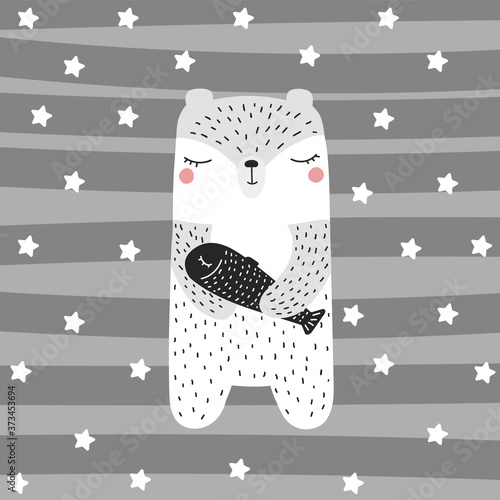 Cute polar bear with fish Scandinavian style for kids hand drawn Doodle Vector cartoon illustration