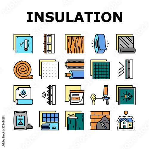 Insulation Building Collection Icons Set Vector. Insulation Roll Material And Wooden Plywood, Waterproof And Temperature Preservation Layer Color Contour Illustrations