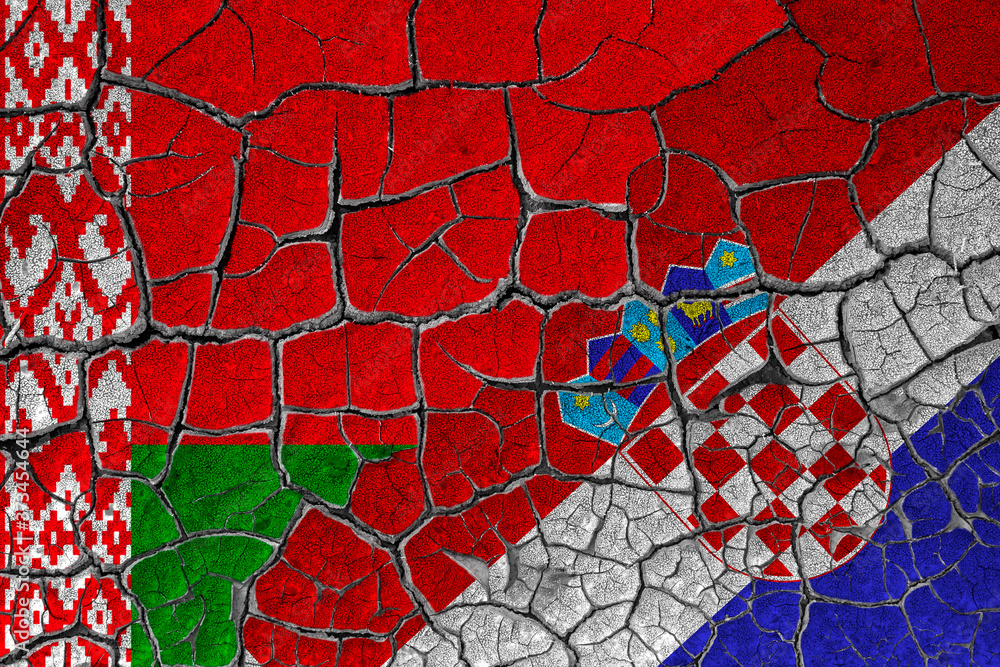 Obraz premium Flags of Belarus and Croatia on a cracked wall, dry land. Concept of relationship or conflict between countries 