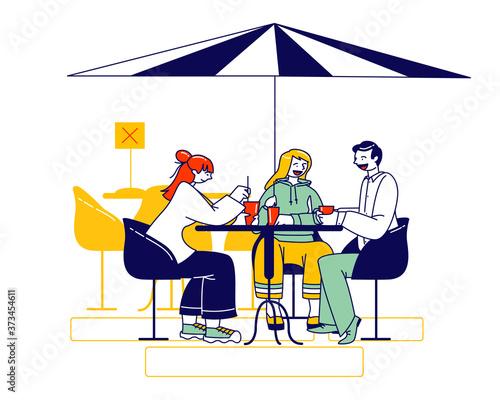 Visitors Characters Sit at Disinfected Outdoor Cafe or Restaurant Table Drinking Coffee and Communicate. Friends Meet Up