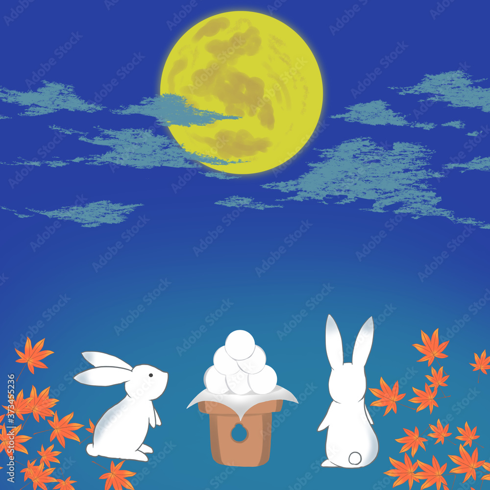 十五夜にお月見をするウサギのイラスト 十五夜にお月見をするウサギのイラスト