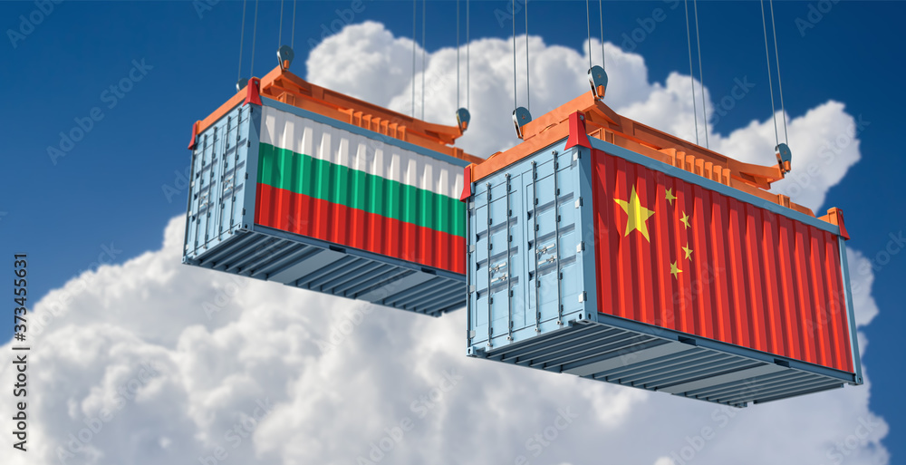 Freight containers with Bulgaria and China flag. 3D Rendering 