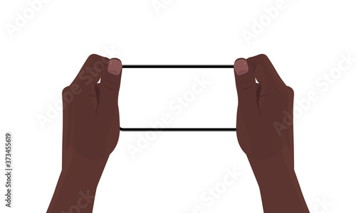 Hands holding the black smartphone with blank screen and modern frameless design. Template vector illustration on isolated background. 