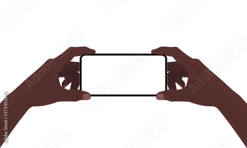 Hands holding the black smartphone with blank screen and modern frameless design. Template vector illustration on isolated background. 