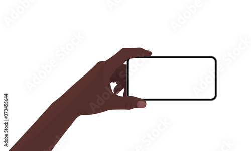 Hand holding the black smartphone with blank screen and modern frameless design. Template vector illustration on isolated background. 