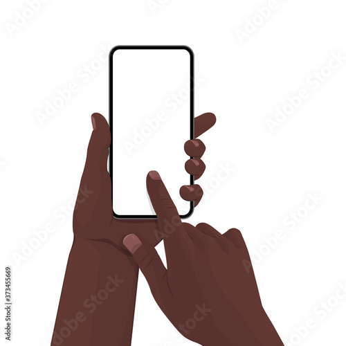 Hands holding the black smartphone with blank screen and modern frameless design. Template vector illustration on isolated background. 