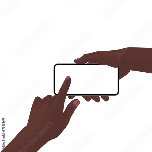 Hands holding the black smartphone with blank screen and modern frameless design. Template vector illustration on isolated background. 