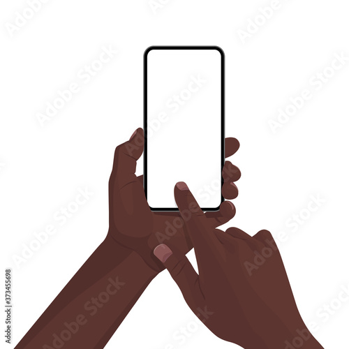 Hands holding the black smartphone with blank screen and modern frameless design. Template vector illustration on isolated background. 