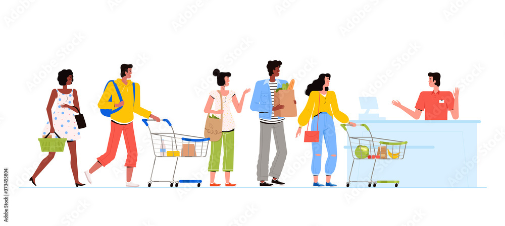 The queue at the cashier in the supermarket. Fashionable people with groceries and shopping carts in the store