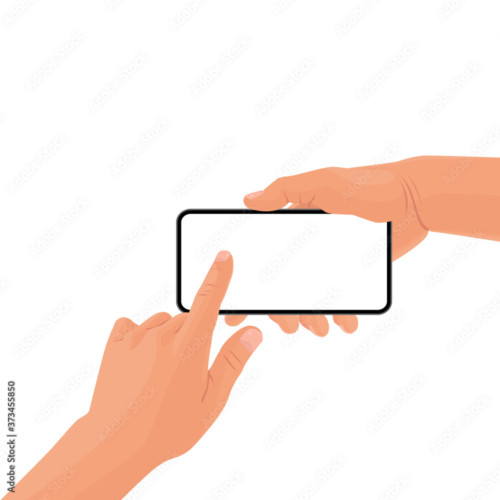 Hands holding the black smartphone with blank screen and modern frameless design. Template vector illustration on isolated background. Hands holding the black smartphone with blank screen and modern frameless design. Template vector illustration on isolated background.