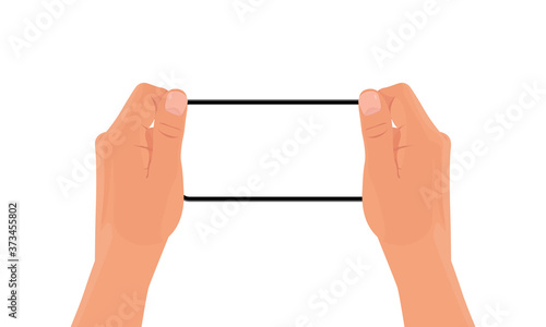 Hands holding the black smartphone with blank screen and modern frameless design. Template vector illustration on isolated background. 