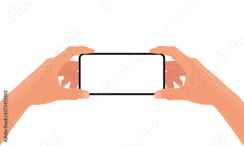 Hands holding the black smartphone with blank screen and modern frameless design. Template vector illustration on isolated background. 