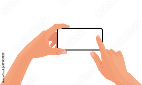 Hands holding the black smartphone with blank screen and modern frameless design. Template vector illustration on isolated background. 