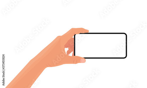 Hand holding the black smartphone with blank screen and modern frameless design. Template vector illustration on isolated background. 