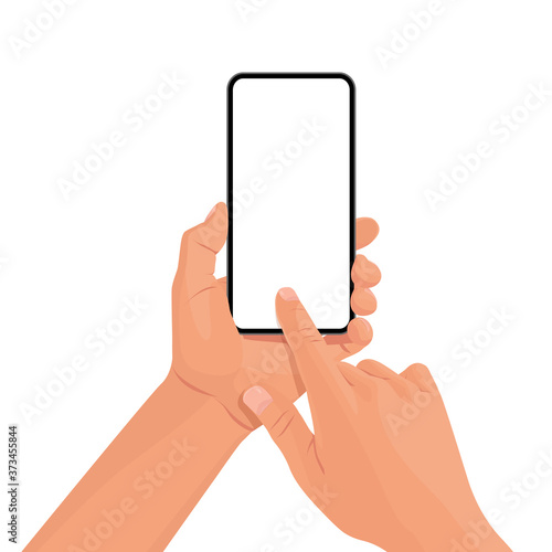 Hands holding the black smartphone with blank screen and modern frameless design. Template vector illustration on isolated background. 
